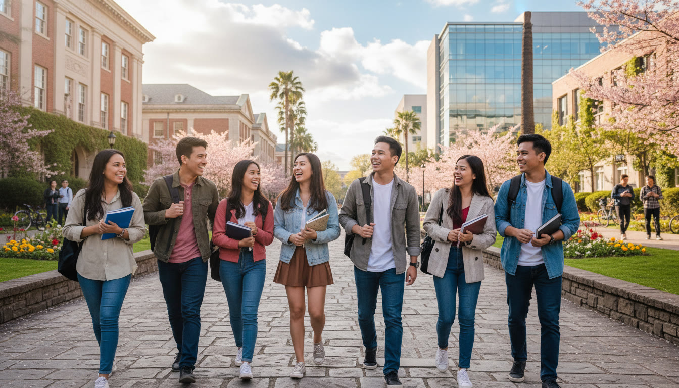 Photo Idea : A lively campus scene with a diverse group of Filipino students walking between buildings, backpacks and laughter—captures the promise of college life and the opportunities AP credit can unlock.