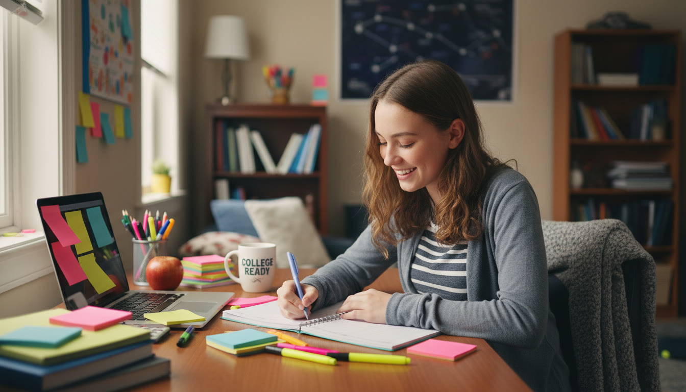 Photo Idea : A bright, candid shot of a 9th grade student writing in a planner at a cozy desk, sticky notes and colorful highlighters around — conveys organization and optimism.