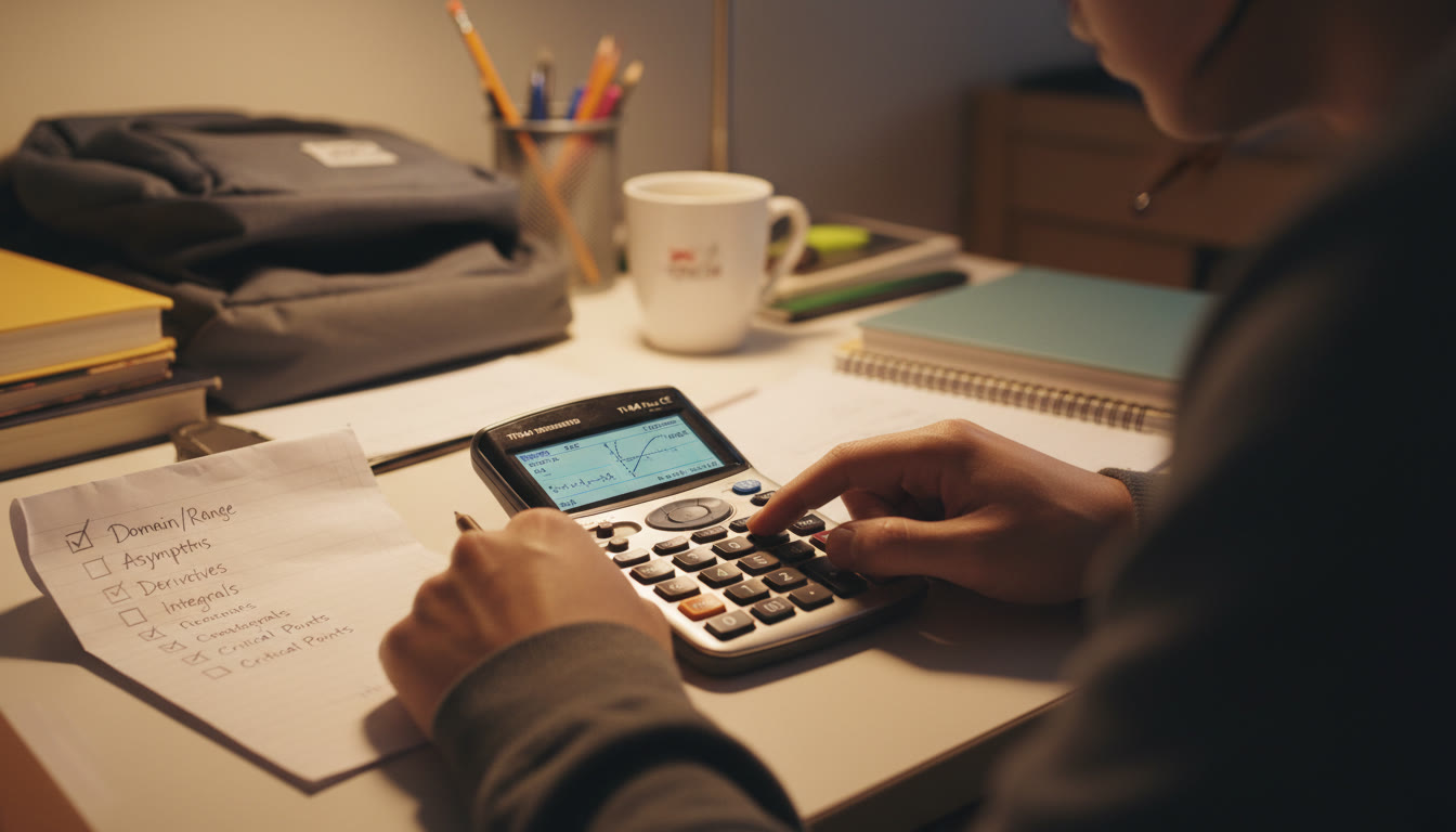 Photo Idea : A close-up of a student's hand using a graphing calculator while a sheet with a clear checklist of conditions sits beside it — mood: focused, exam-prep. Place this image near the calculator tips section to visually tie the calculator advice to real study actions.