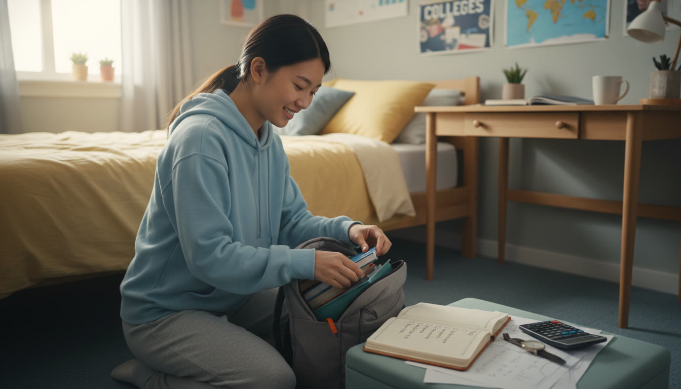 Photo Idea : A calm morning scene with an AP student packing their bag the night before the exam, journal beside the backpack with a short checklist visible: 