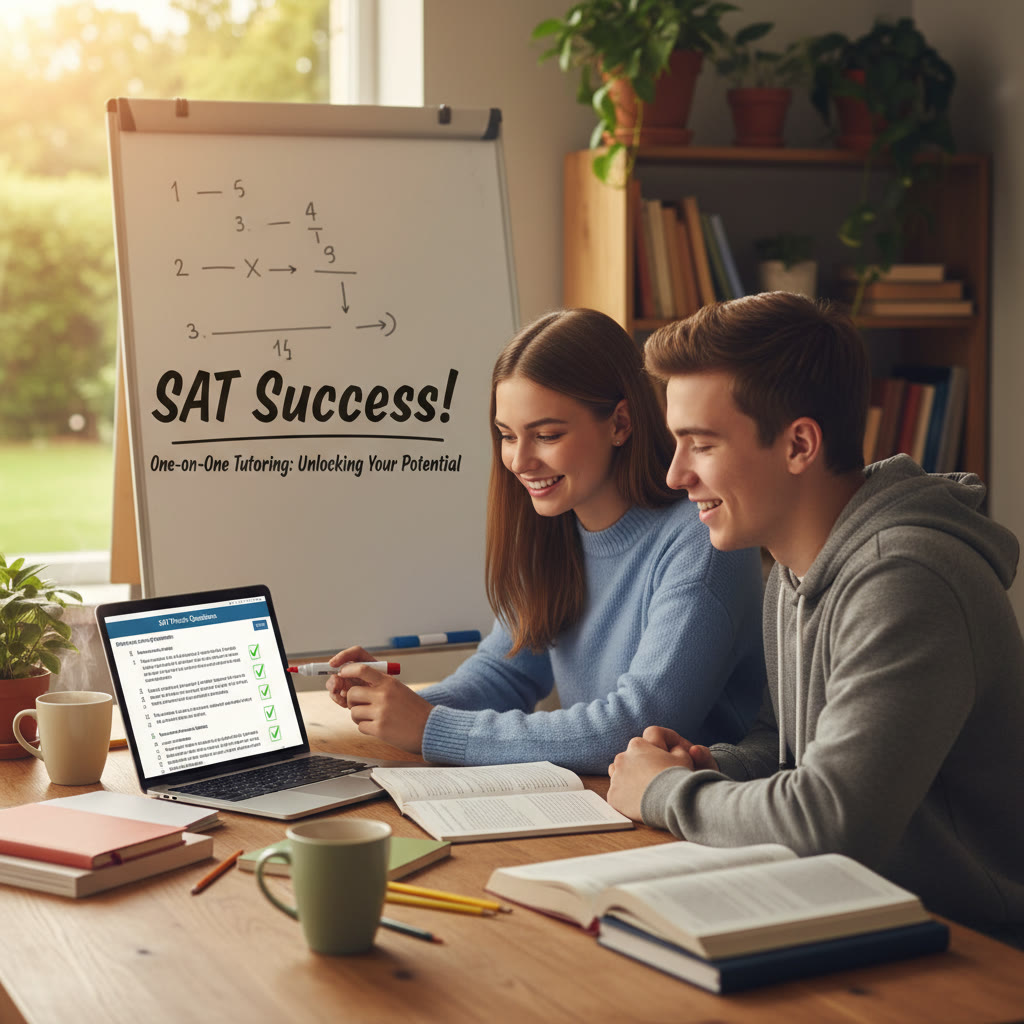 One-on-one tutoring session: a tutor explaining a sentence diagram to a student at a desk, with a laptop showing practice questions—visual: warm, collaborative scene