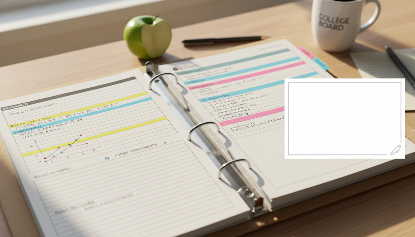 Photo Idea : A close-up of a neat AP project binder or a highlighted lab notebook page with a caption area for interviewers. Shows organization and the work behind the grade.