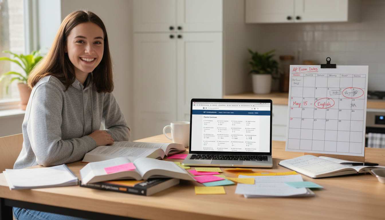 Photo Idea : A student sitting at a kitchen table with study notes spread out, a laptop open to practice questions, and a calendar with dates circled — to illustrate planning and timeline decisions.