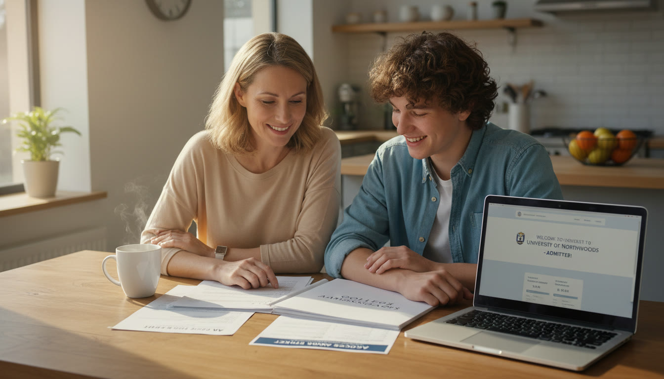 Photo Idea : A calm kitchen table scene with a parent and teen reviewing a college packet and AP score report together, sunlight, coffee mug, laptop open to a university portal.