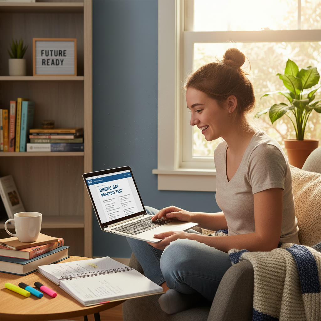 Photo Idea : A focused student at a laptop taking a practice Digital SAT in a cozy study corner, notes and highlighters nearby.