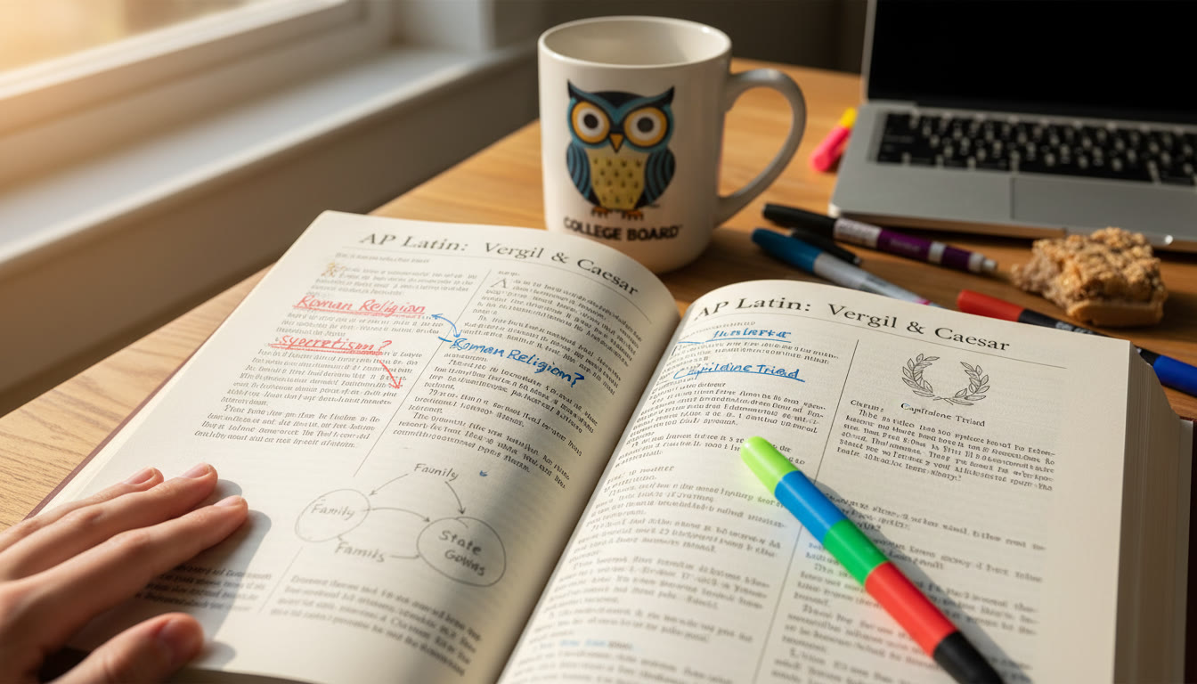 Photo Idea : A close-up of an open Latin textbook with marginal notes pointing to a passage discussing Roman religion and a small, hand-drawn diagram showing social relationships—suggests cultural mapping of the text.
