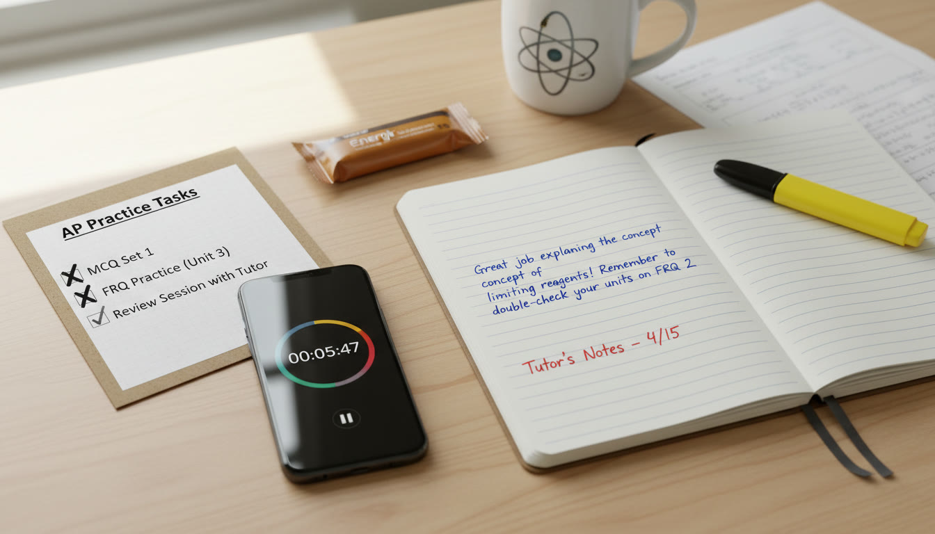 Photo Idea : A small collage showing a checklist with items crossed off, a phone timer counting down, and a notebook with a tutor's handwritten note — suggesting focused practice and guided feedback.