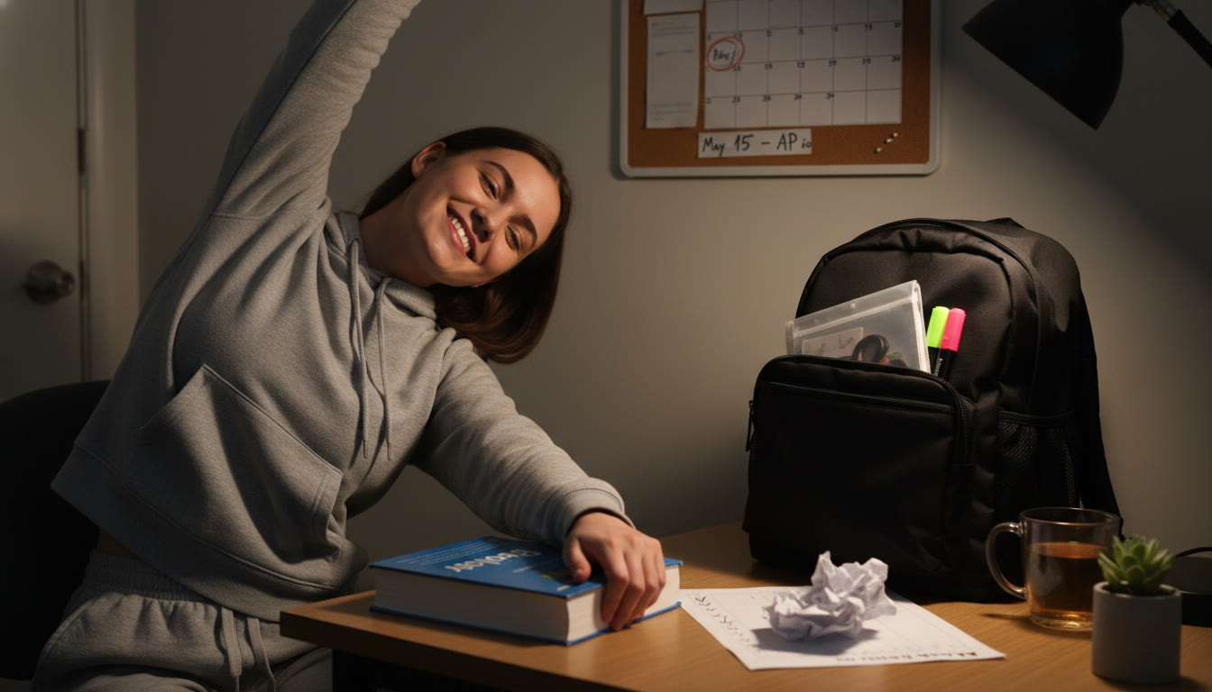Photo Idea : A calming end-of-prep image later in the article — a student closing a textbook, stretching, and smiling with a checklist and packed exam bag in the background. This signals readiness and calm before test day.