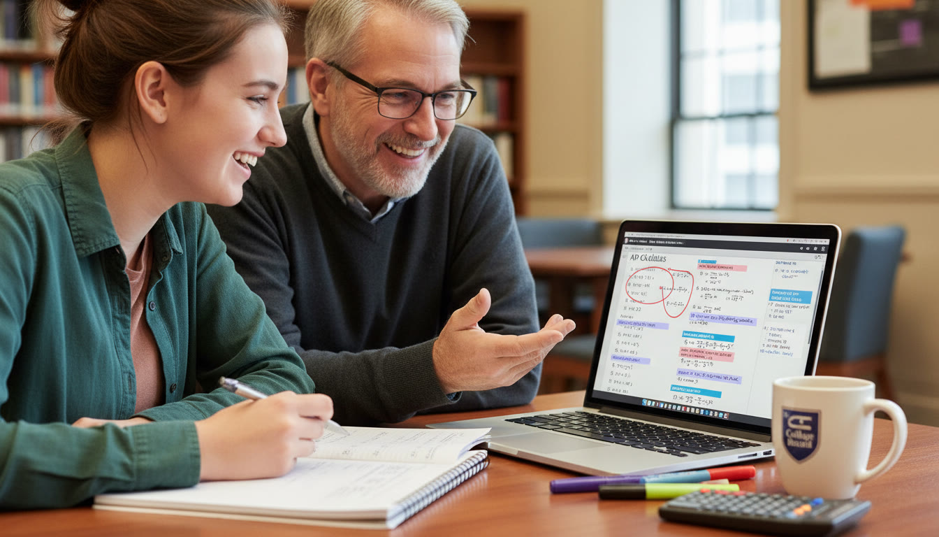 Photo Idea : A close-up of a student meeting with a tutor over a laptop, annotated practice exam on screen, with notes and a coffee cup nearby — suggests personalized tutoring and strategic review, fitting the section about 1-on-1 support.