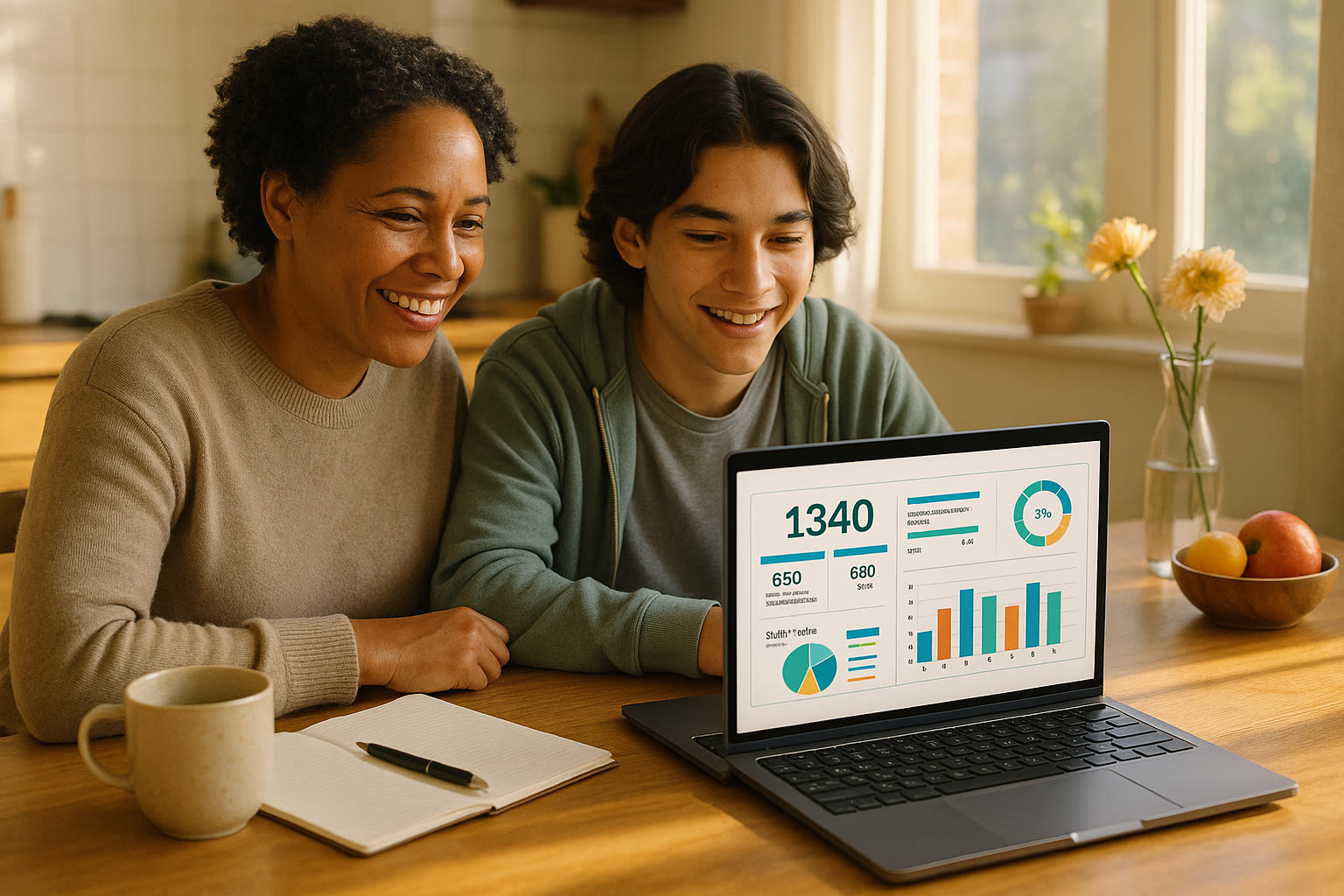 Photo Idea : A peaceful kitchen table scene with a parent and teen looking at a laptop together, the laptop screen showing a colorful SAT score dashboard. Natural light; warm tones.