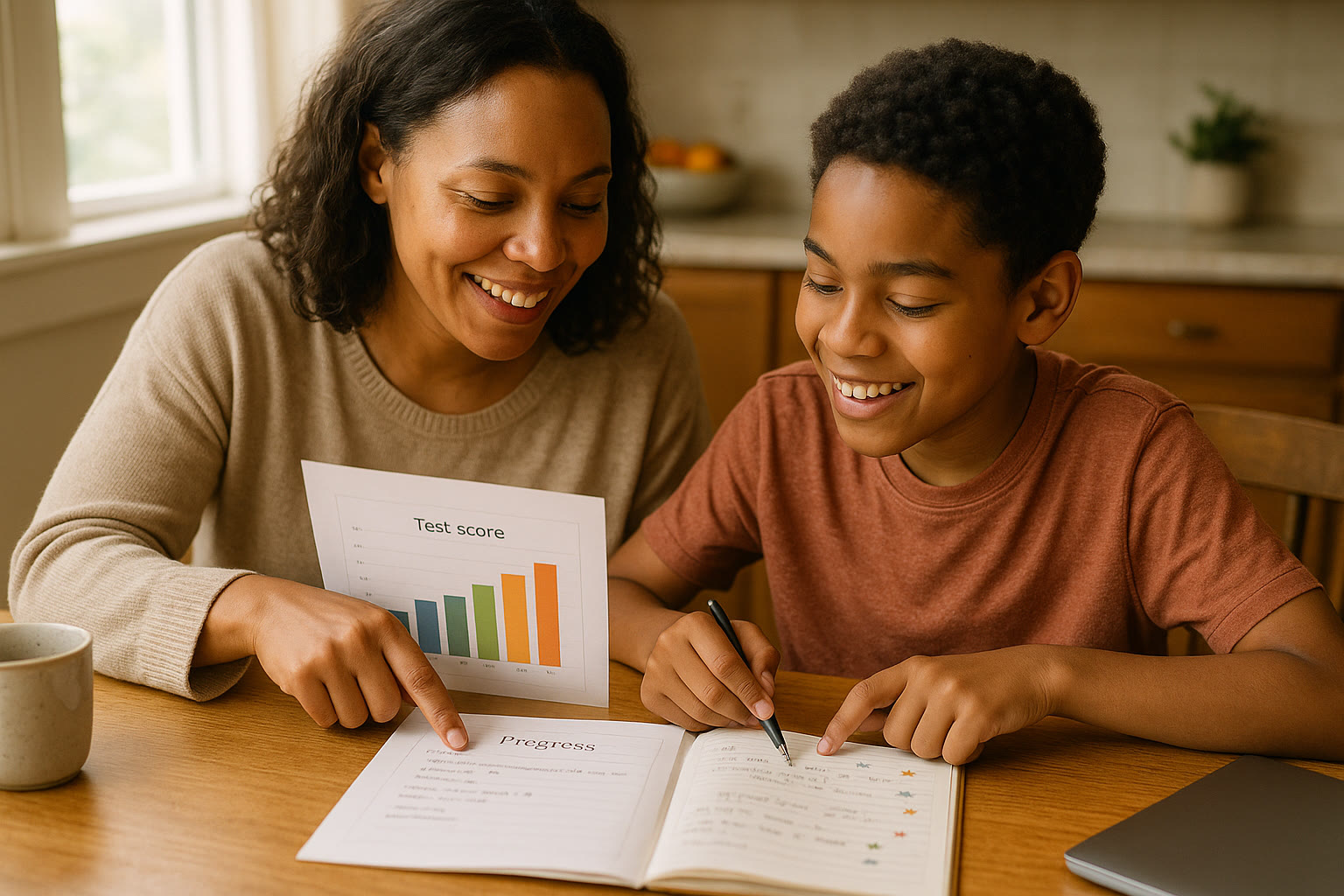 Photo Idea : Parent and student reviewing a test score chart together at the kitchen table, smiling and pointing to a progress notebook — highlights collaboration and encouragement.