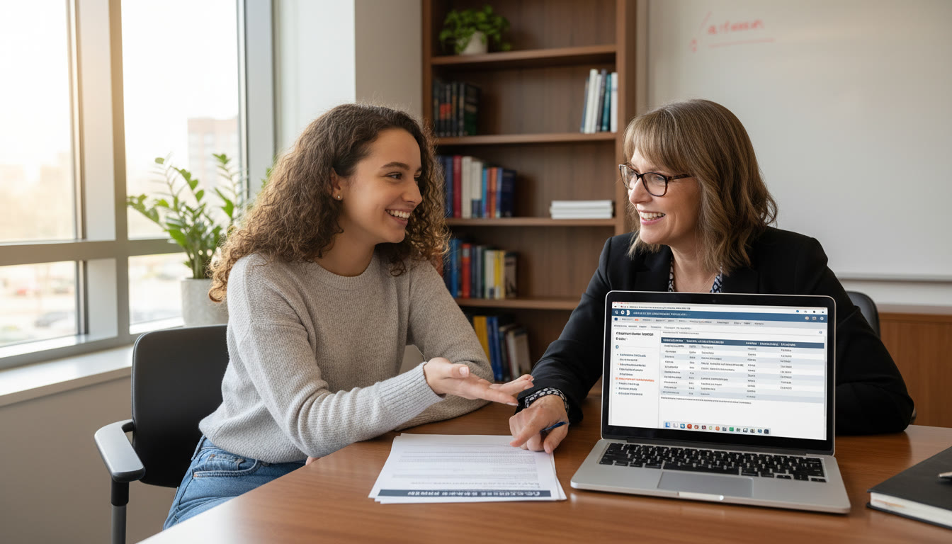 Photo Idea : A student meeting with a friendly academic advisor in a modern office—open laptop, AP score report on the table—showing the advising conversation about placement and exceptions.
