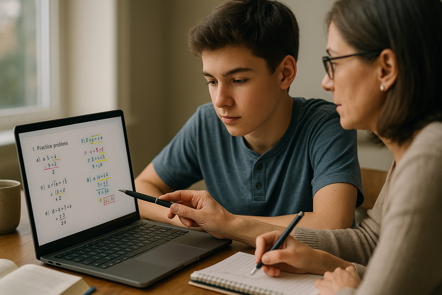 Photo Idea : A close-up of a teen studying with a tutor on a laptop, annotated practice problems visible on the screen, suggesting focused, one-on-one tutoring.