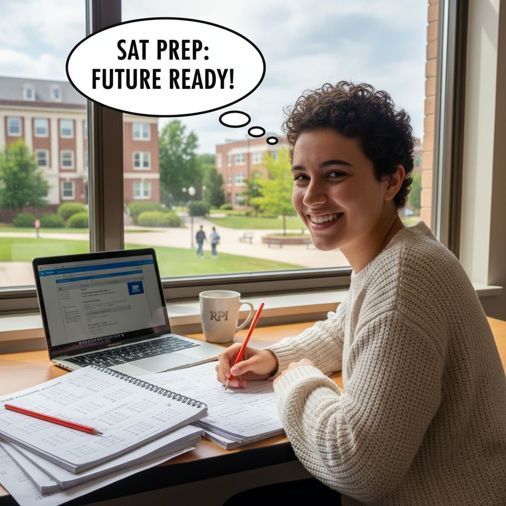 Photo Idea : A focused student at a desk with a laptop and paper practice tests, RPI campus subtly visible through a window in the background.