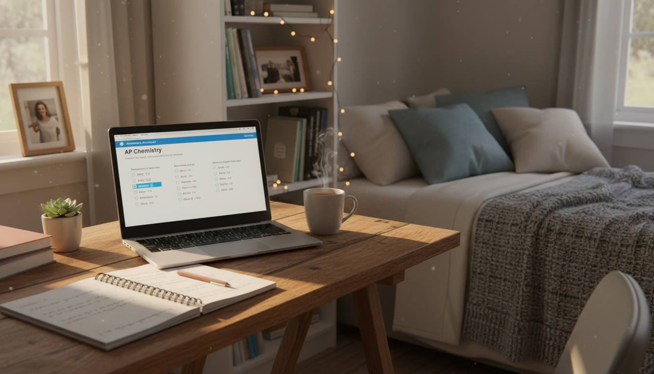 Photo Idea : A cozy, well-lit study nook with an open notebook, a laptop displaying an AP practice question, and a soft bed visible in the background—conveys the balance between studying and sleep.
