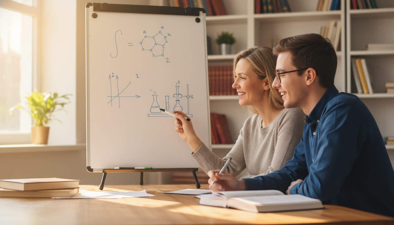 Photo Idea : A tutor and student at a table with a whiteboard sketching out a calculus problem and a lab diagram — warm light, collaborative posture, natural smiles. Suggests personalized 1-on-1 coaching and focus.