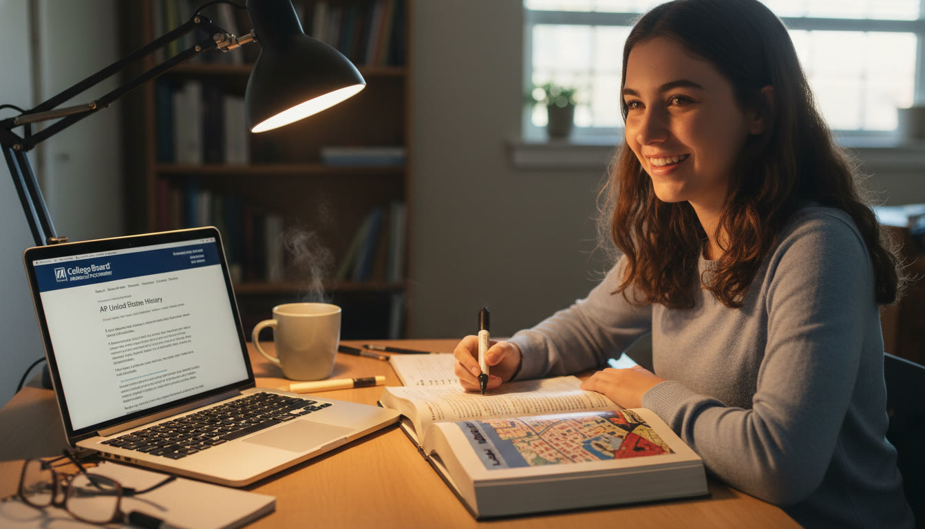 Photo Idea : A bright, candid image of a student at a desk with a laptop open to an AP course on one side and a printed local school textbook on the other. Lighting is warm and focused, showing concentration and balance.