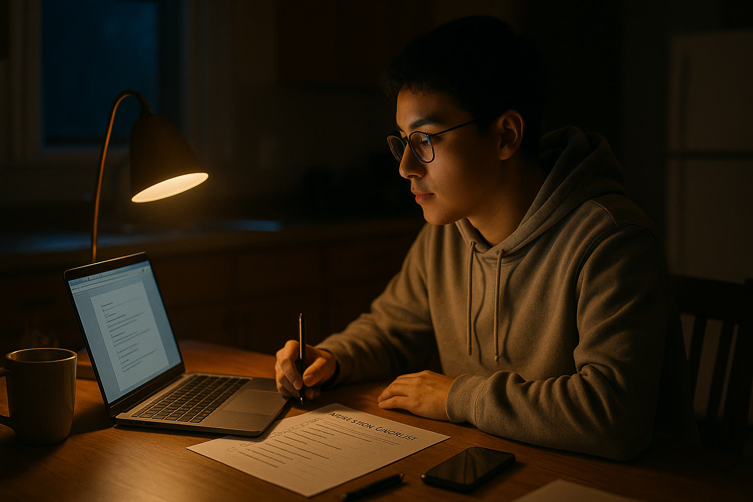 Photo Idea : A student at a kitchen table late at night, laptop open, application checklist beside them, soft lamp light — conveys focused calm during the application crunch.