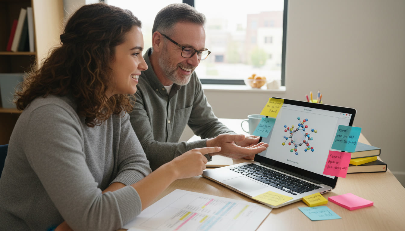 Photo Idea : A bright, engaging shot of a student working with a tutor over a laptop showing a molecular model app, with sticky notes and a study plan visible — communicates personalized guidance, focused collaboration, and progress.
