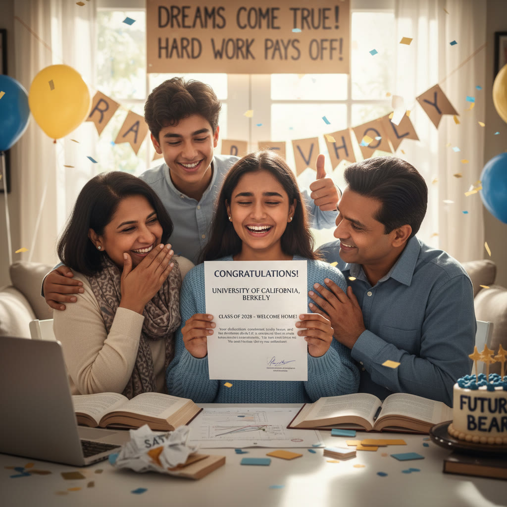 Photo Idea : A celebratory moment — student opening an acceptance letter with family around, symbolizing years of planning, tests, and hard work paying off.