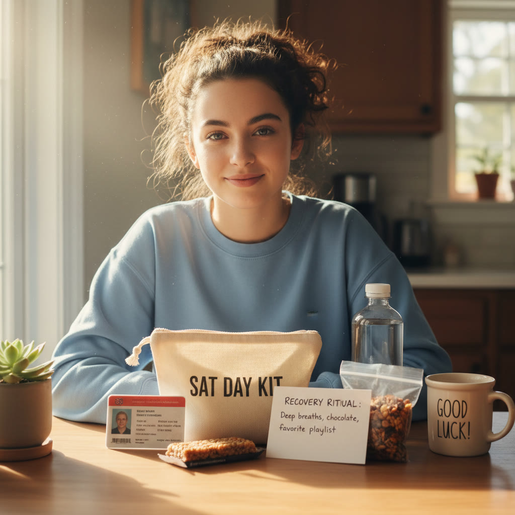 Photo idea: A calm student sitting at a kitchen table with a small 