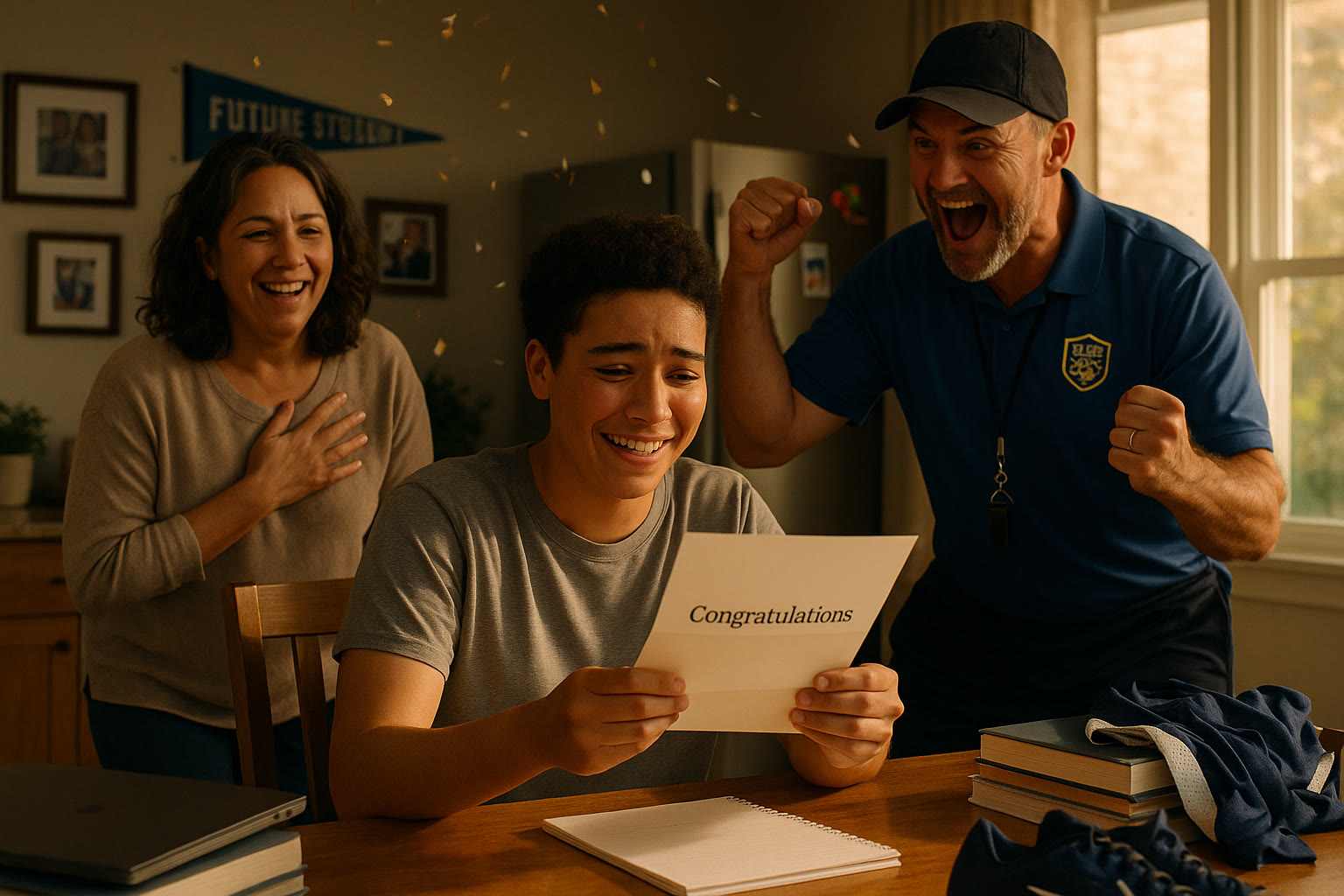 Photo Idea : A celebratory scene of a student-athlete opening a college acceptance letter while a parent and coach cheer nearby—representing the payoff of balanced academic and athletic preparation.