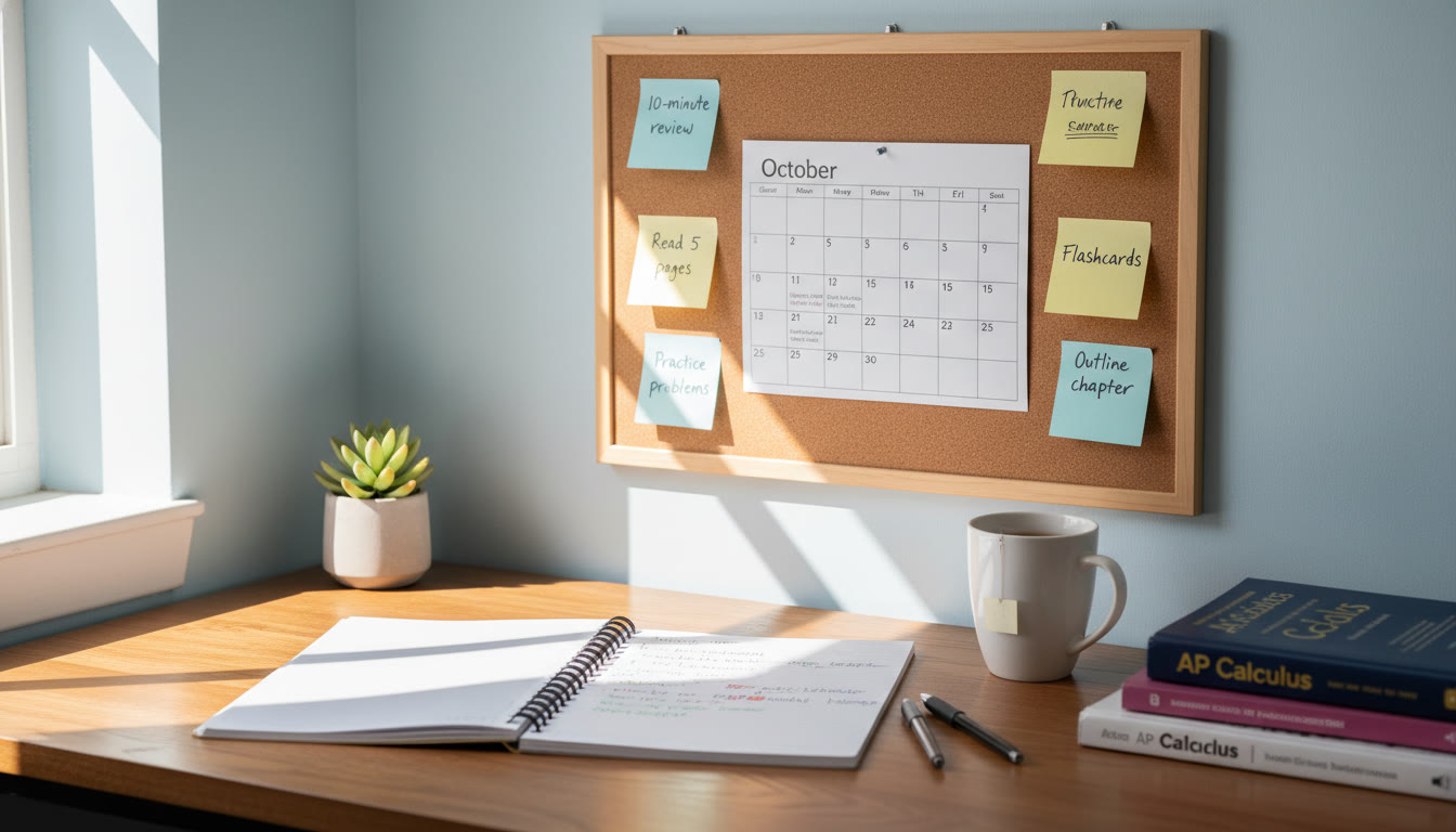 Photo Idea : A warm, natural study corner with a notebook open, a calendar pinned to the wall, and sticky notes showing tiny habits (e.g., 