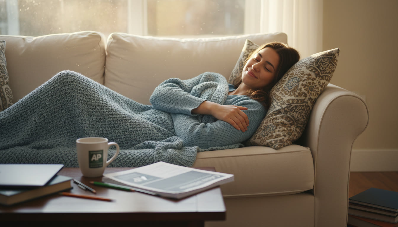 Photo Idea : A peaceful scene of a student resting on a couch with a soft blanket and a closed test booklet nearby — conveys relief and recovery.