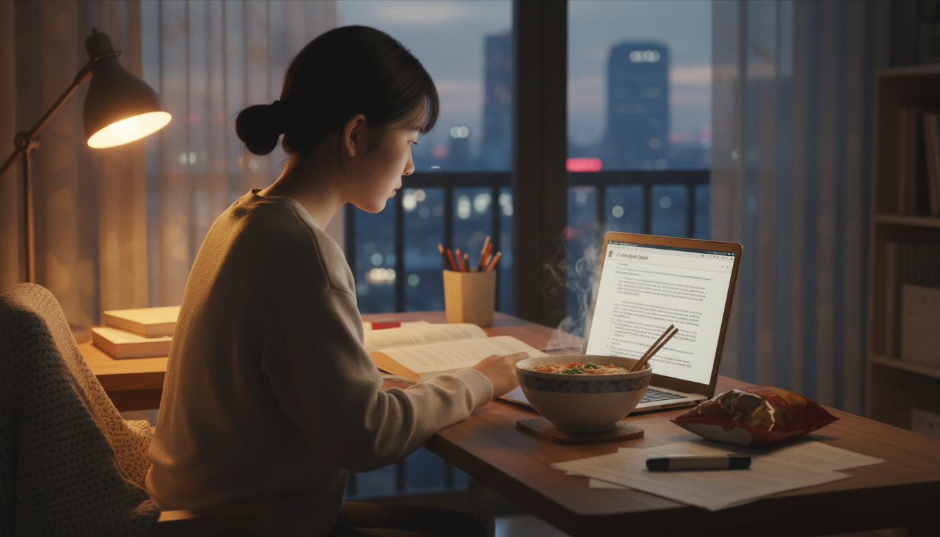 Photo Idea : A focused student studying at a desk with a laptop displaying practice SAT questions, soft warm lighting, and a small noodle bowl — hinting at international study and long study sessions.