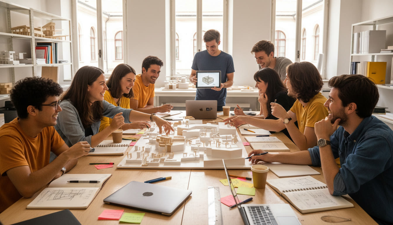 Photo Idea : Interior of a design studio at the Politecnico di Milano with students around a model, laptops, and sketchbooks — emphasizes hands-on learning and collaborative energy.
