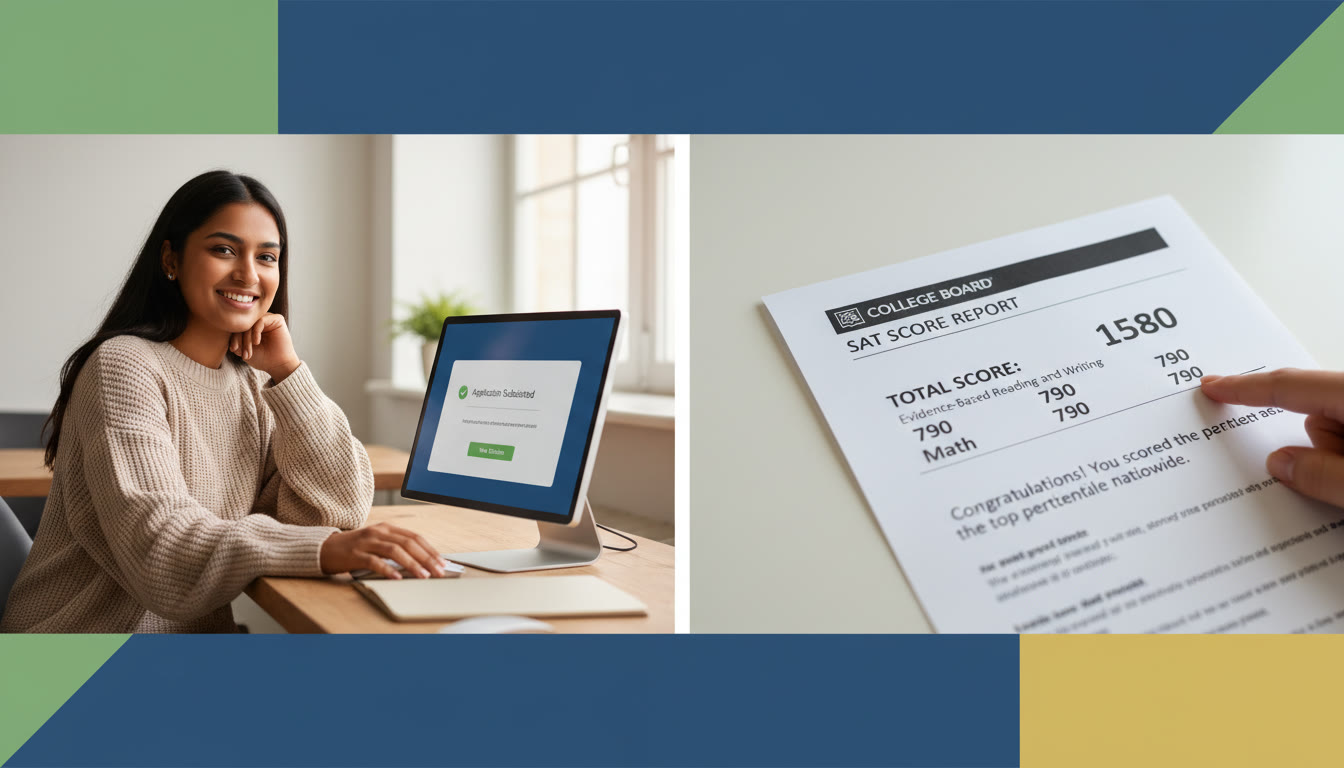 Photo Idea : A split-screen image showing a student confidently checking an online application on one side and a printed SAT score report on the other — bright, modern visual that conveys clarity and preparation.