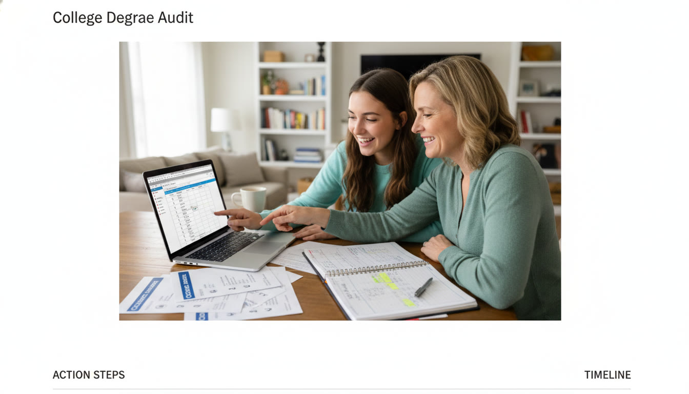 Photo Idea : A student and parent reviewing a college degree audit on a table, with AP score reports and a planner beside them — illustrates the planning and family collaboration needed after admission. Place this image in the bottom half of the article near action steps and timeline.