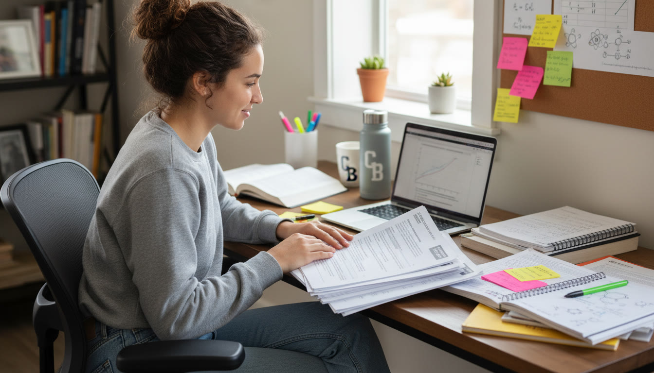 Photo Idea : A calm study scene — a student at a desk with a laptop, printed practice SAT passages, and colorful notes. This image should appear near the top to convey focused preparation.