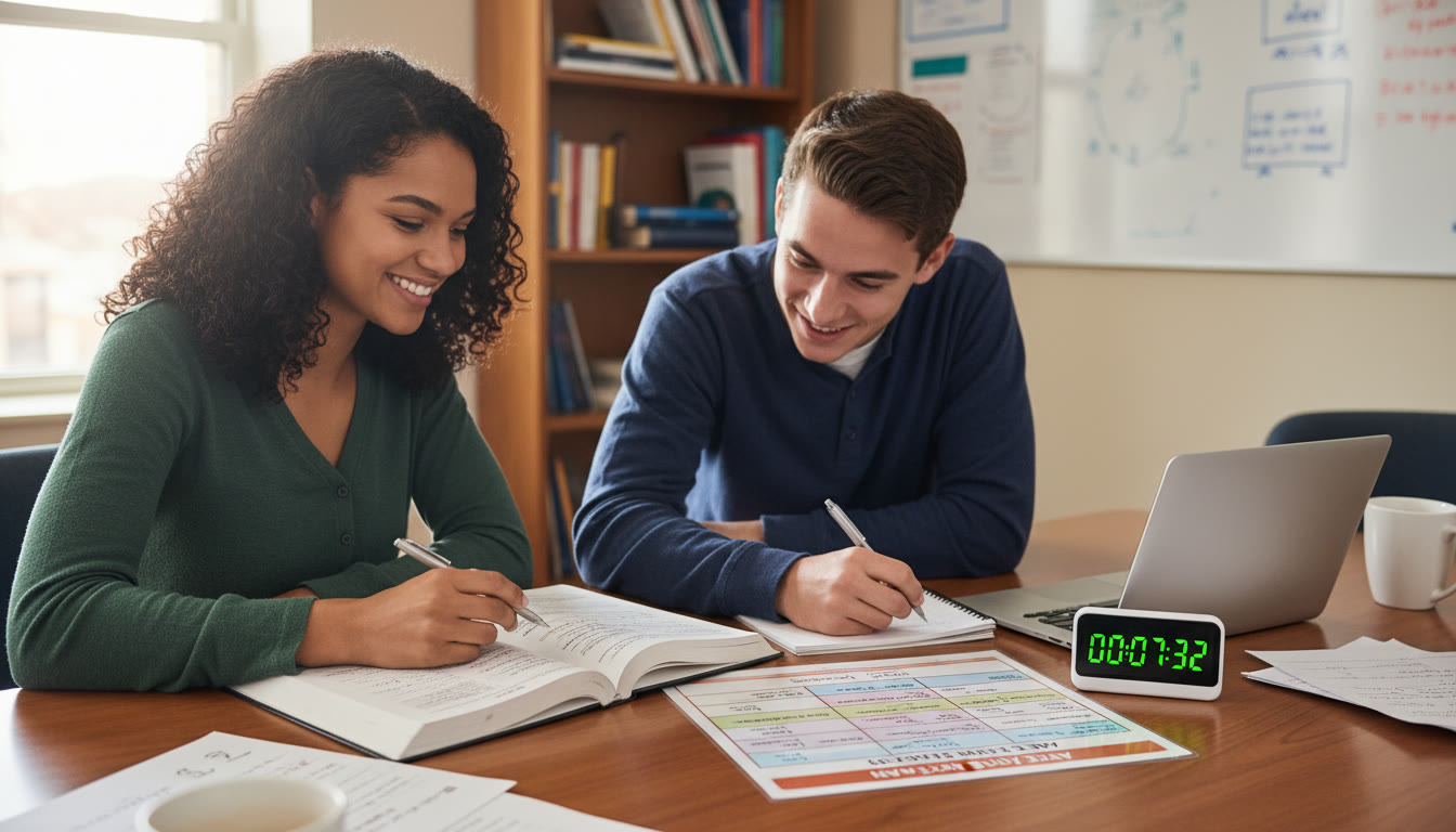 Photo Idea : A supportive tutoring session in action—student and tutor (or coach) at a table, a short sprint timer on the laptop, annotated practice questions, and a visible study plan—conveying the collaborative, tailored approach of 1-on-1 guidance.