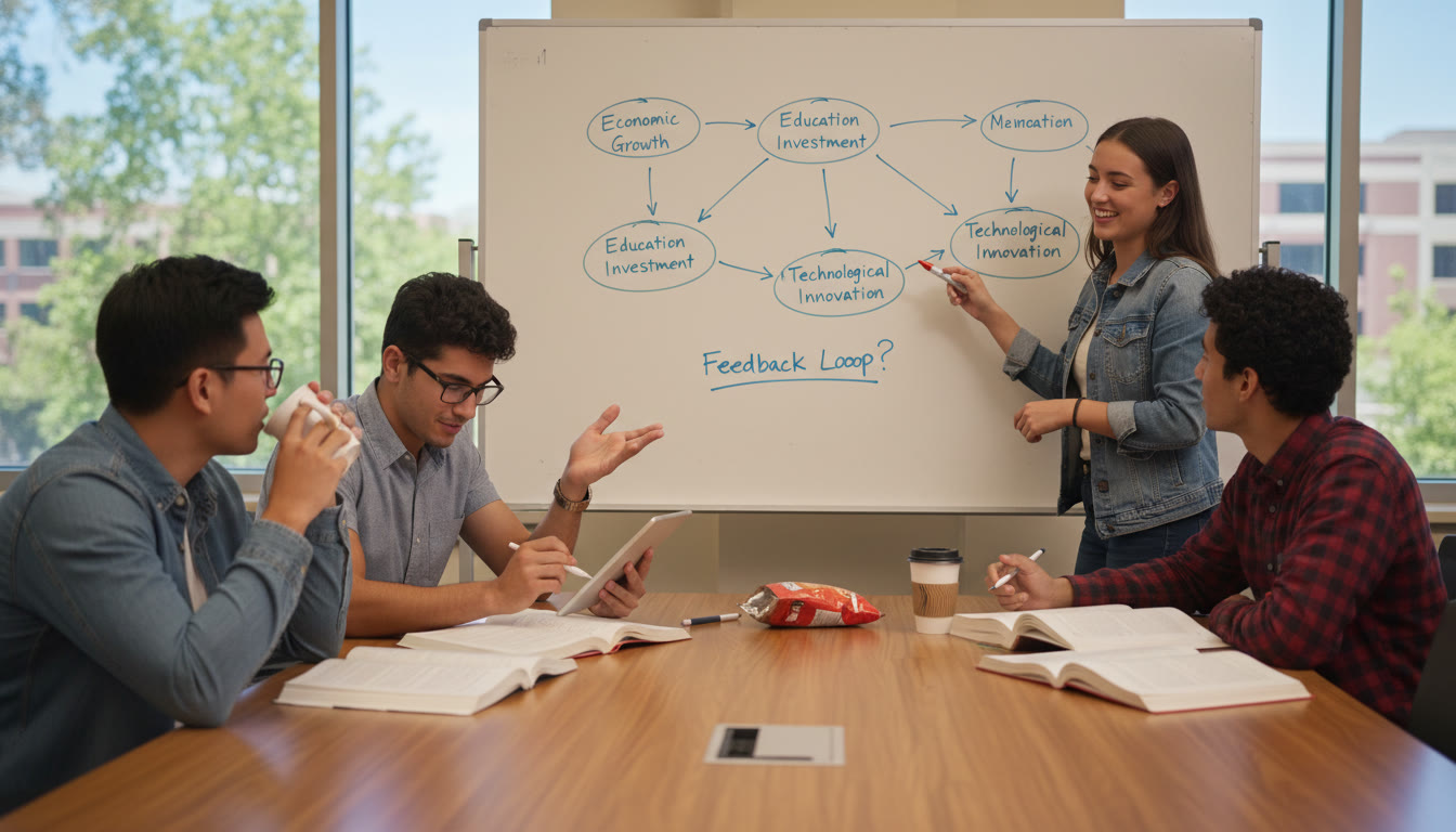 Photo Idea : A small study group around a table, one student pointing at a whiteboard with a drawn causal diagram (arrows, nodes), another taking notes—captures collaborative reasoning.