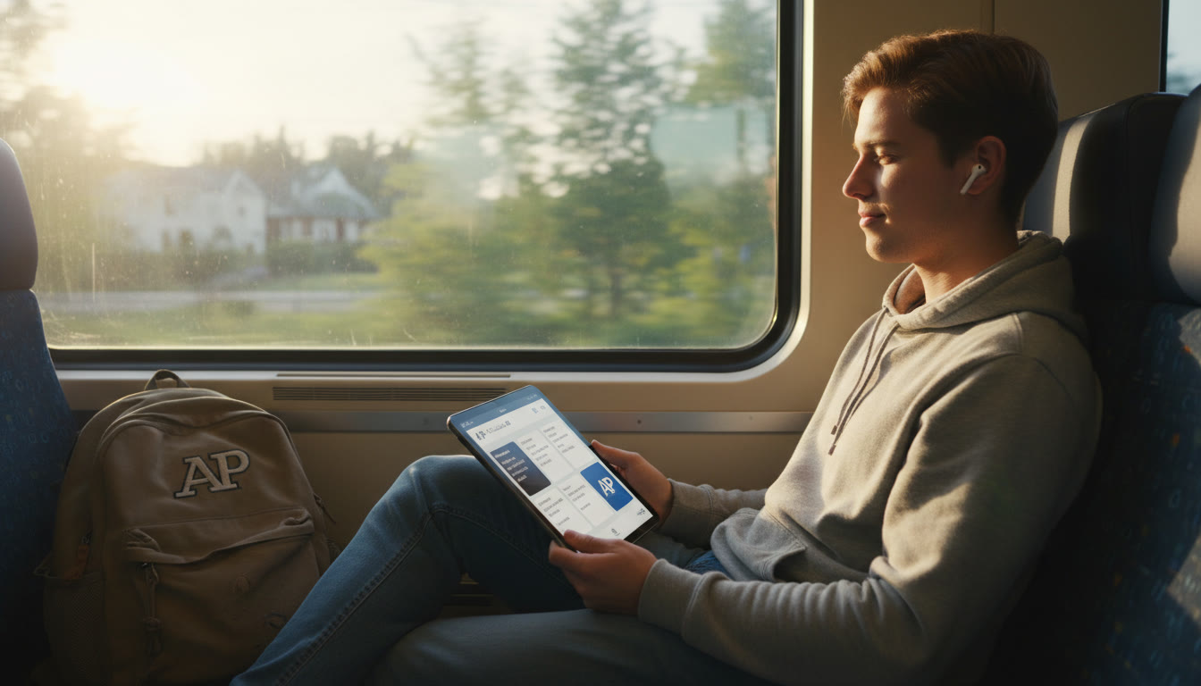 Photo Idea : A relaxed student on a morning train, earbuds in, looking at a tablet with flashcards. Soft daylight through the window, backpack beside them — conveys calm, productive travel time.