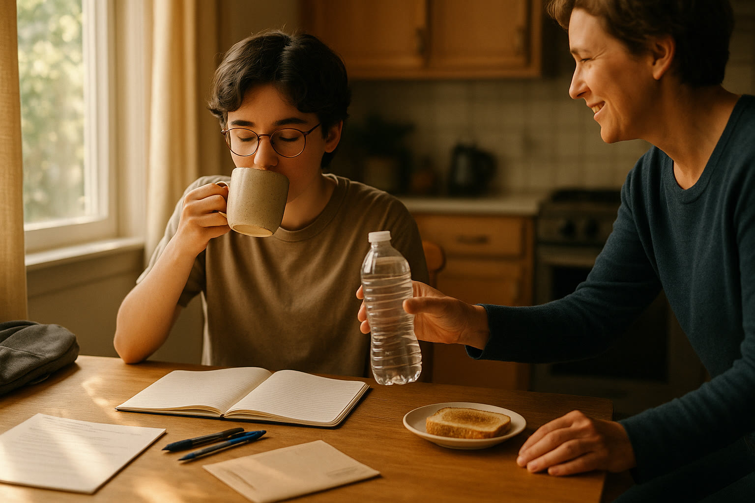 Photo Idea : A student sitting at a kitchen table the morning of the test, taking a sip of tea while a parent hands over a water bottle — warm light, relaxed atmosphere.