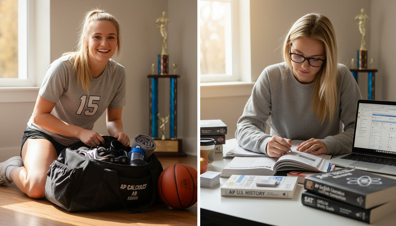 Photo Idea : A split image showing a student-athlete packing a gym bag on one side and test prep materials on the other portrays balance between practice and academics.