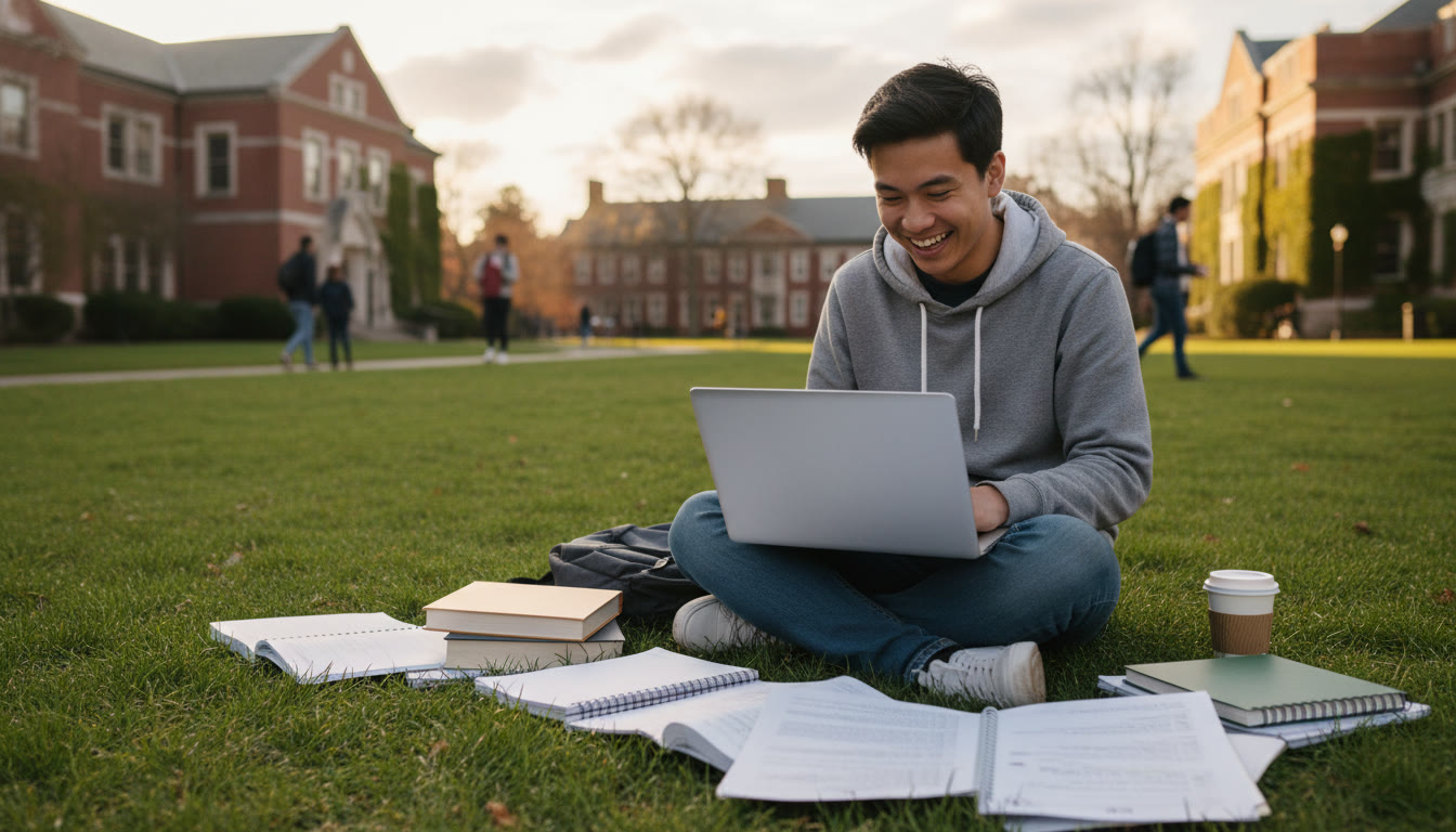 Photo Idea : A candid shot of an international high school student studying with a laptop and notes, with a soft-focus university campus in the background.