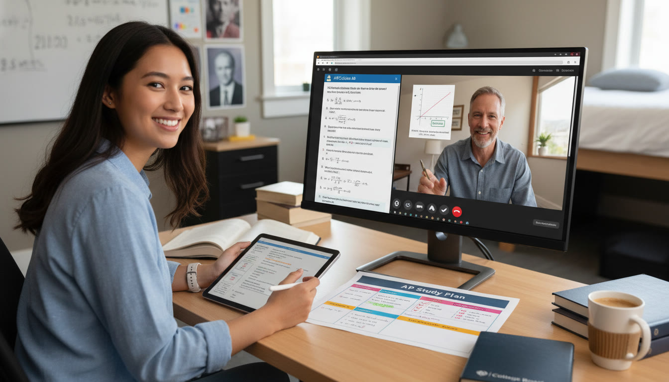 Photo Idea : A focused study scene showing a student working with a tutor over a video call, shared screen with practice problems, and a printed study plan—evokes personalized tutoring support and modern blended learning.