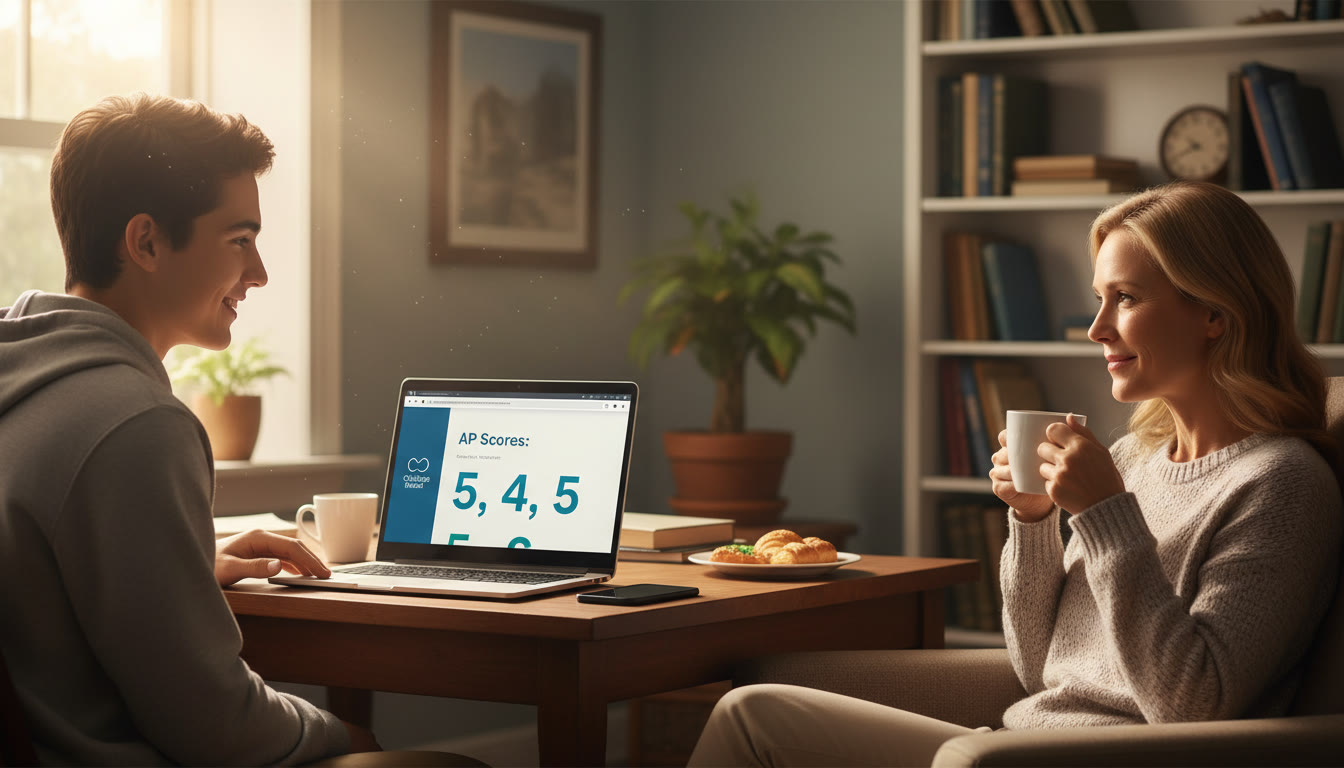 Photo Idea : A calm study scene featuring a high school student checking scores on a laptop while a parent sips coffee nearby   conveys reassurance and teamwork.