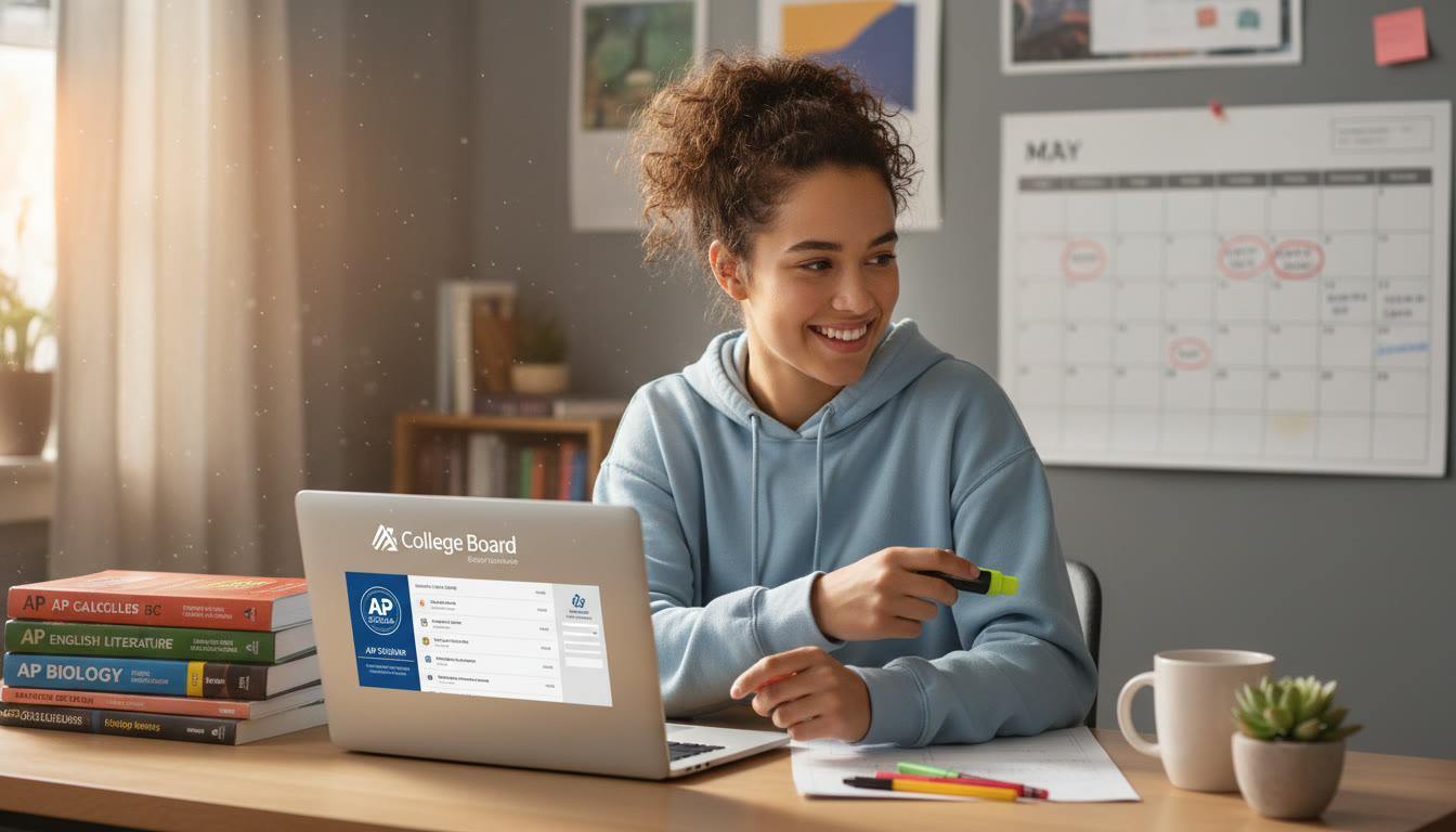 Photo Idea : A student at a desk with a laptop open to a college portal, AP prep books stacked nearby, a calendar with dates circled — bright, natural light, conveys organized focus.