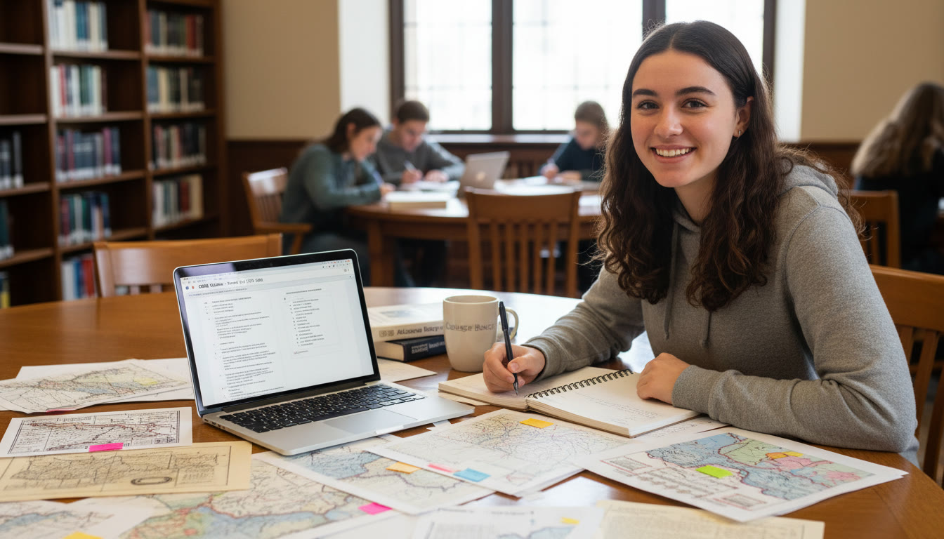 Photo Idea : A student working on a DBQ at a library table, with printed primary sources laid out, sticky tabs visible, and a laptop showing an outline — conveys organization, focus, and academic atmosphere.