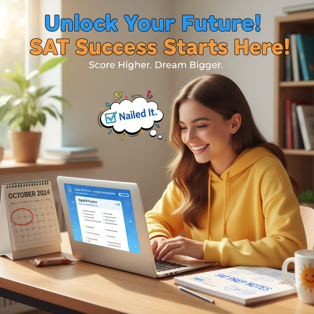 Photo Idea : A focused student at a laptop practicing on the Digital SAT interface, with a calendar and notepad beside them.