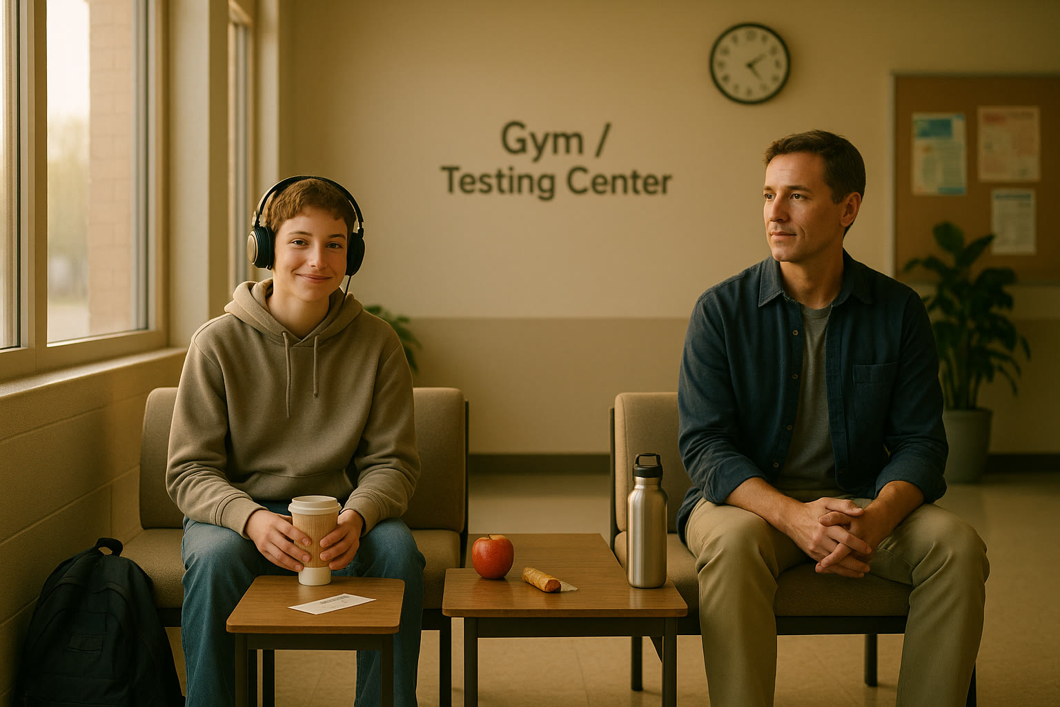 Photo Idea : A serene waiting room scene outside a school gym or testing center—student sitting comfortably with a small breakfast and headphones while a parent sits nearby, both relaxed and composed.