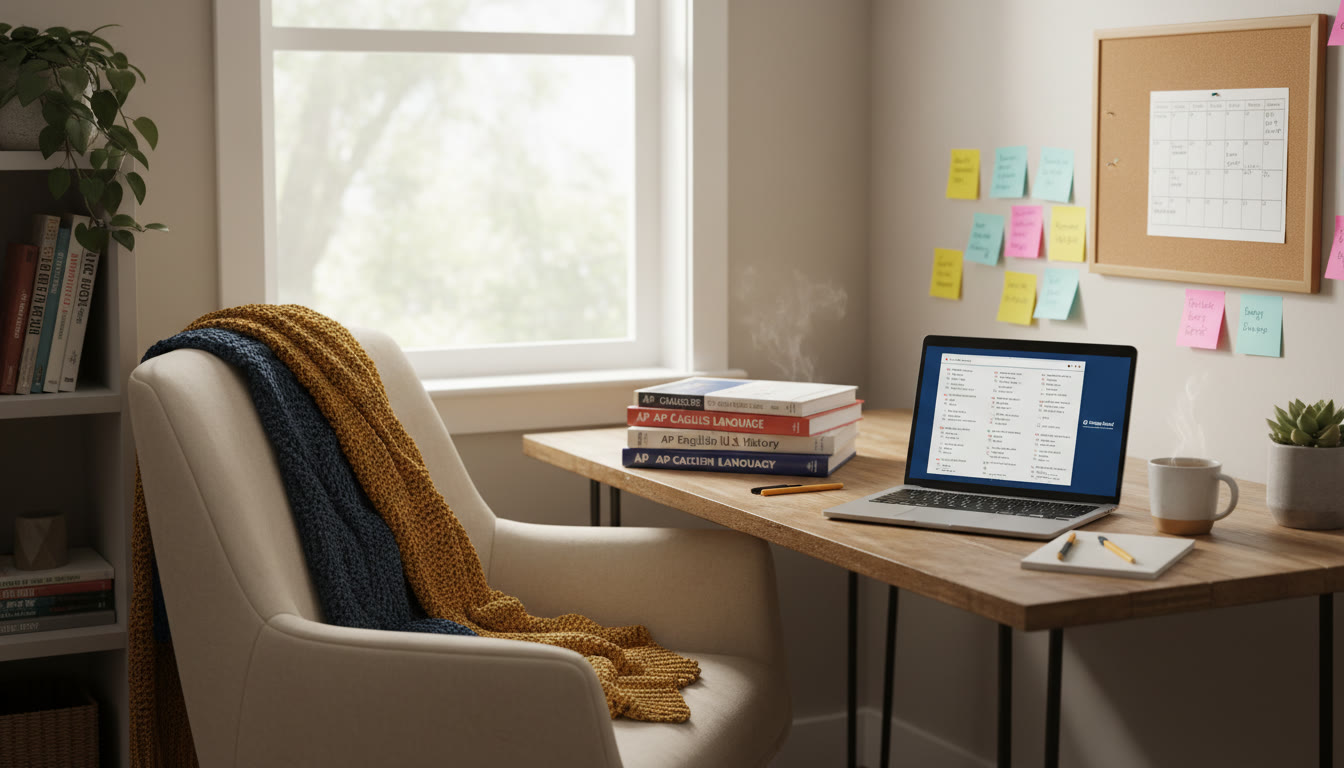 Photo Idea : A bright, cozy study corner with AP prep books, a laptop showing a practice exam, and sticky notes. This fits the “self-study” tone and should appear near the top of the article to visually anchor readers.