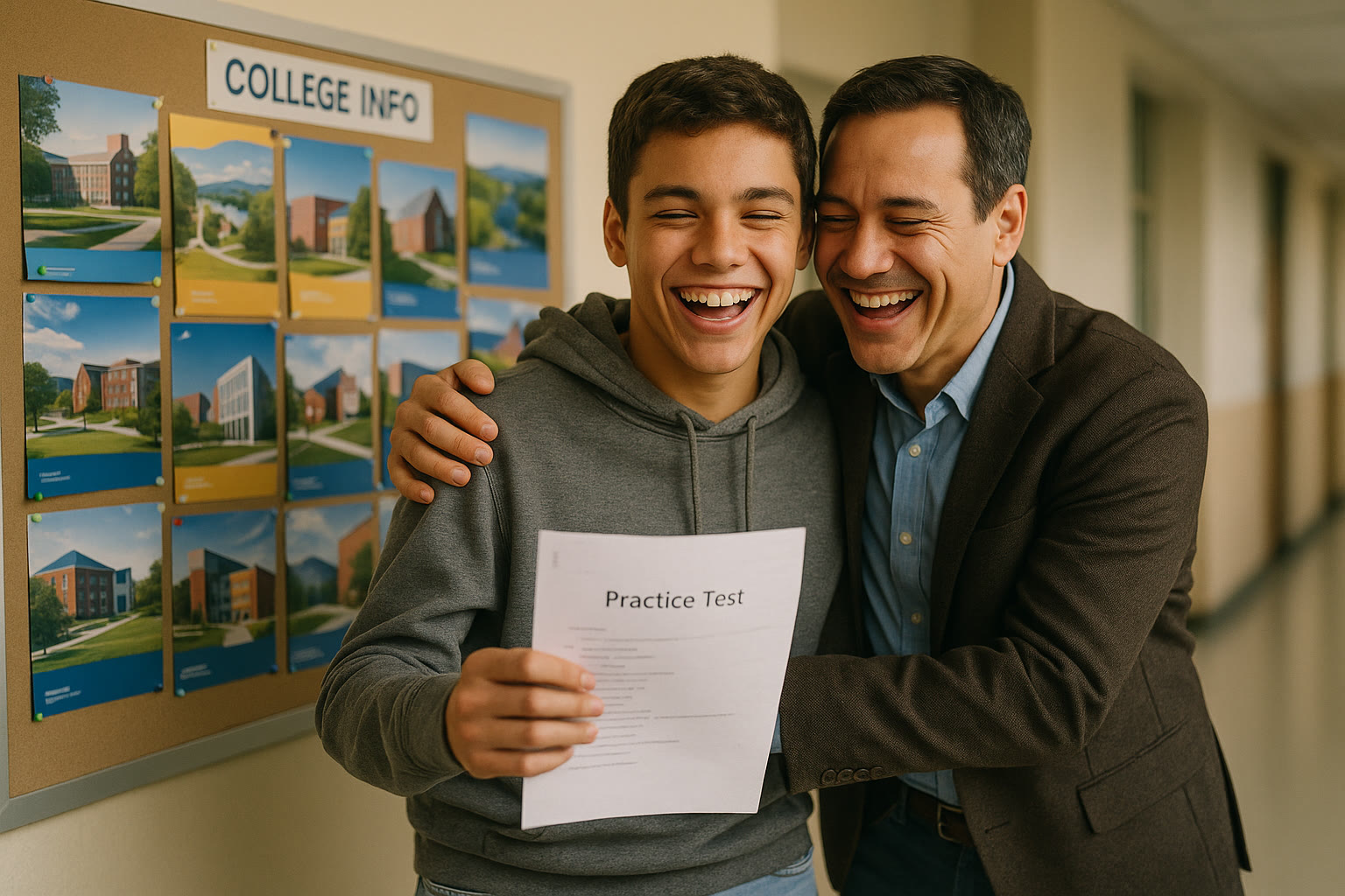 Photo Idea : A joyful snapshot of a teen being hugged by a parent after handing in a practice test, with a bulletin board of college brochures in the background.