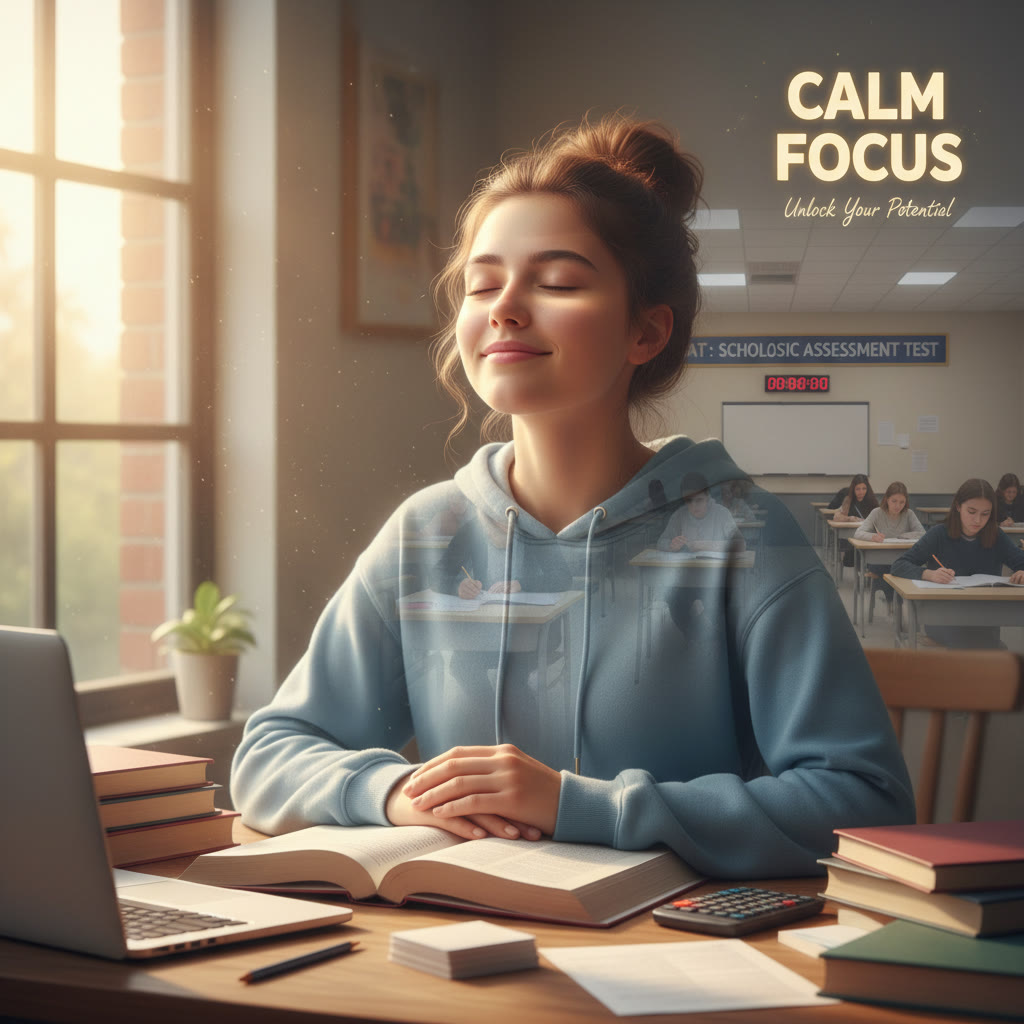 A student sitting at a desk with eyes closed, visualizing the SAT testing room; warm morning light through a window to evoke calm focus.