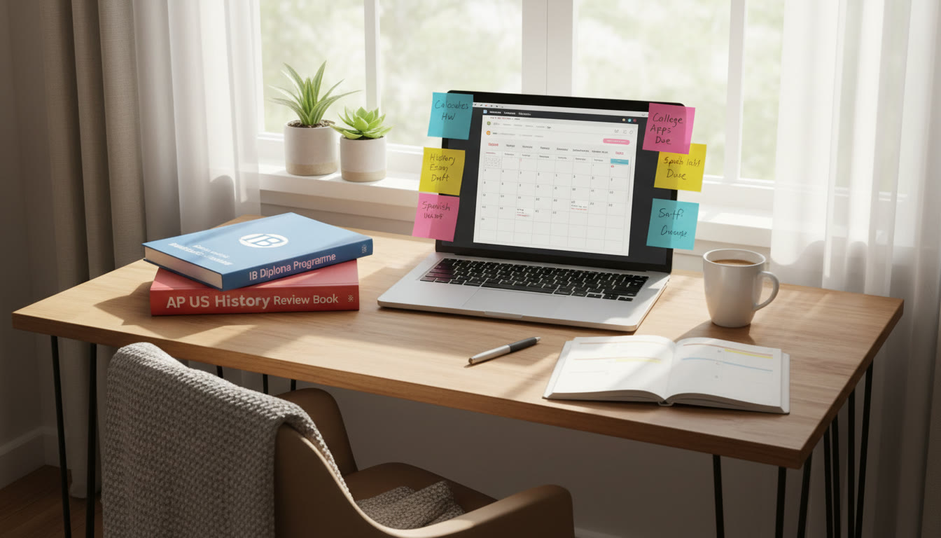 Photo Idea : A bright study nook with an IB Diploma handbook, an AP review book, sticky notes, and a laptop open to a calendar app — conveys organized ambition and planning.