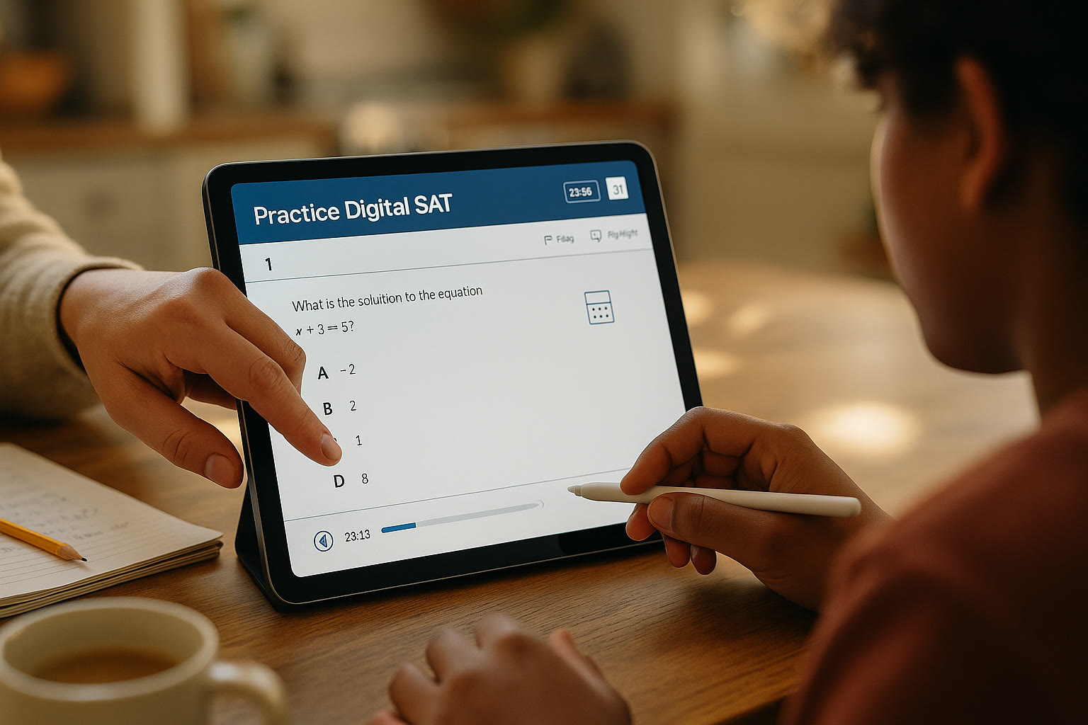 Photo Idea : A close-up of a student’s digital tablet showing a practice Digital SAT screen, with a parent pointing and discussing strategy—emphasizing modern test-taking and collaborative prep.
